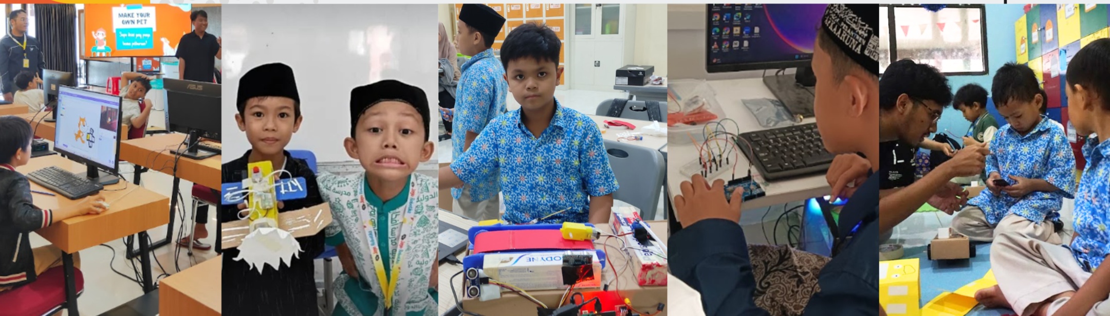 Children learning robotics together in class